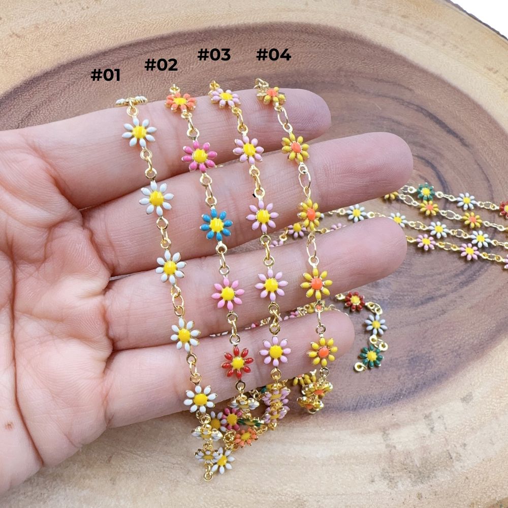 18K Gold Filled Enamel Daisy Flower Chain by Foot, Flower Link Chain by Yard for Necklace Bracelet Jewelry Making Supply, CH322