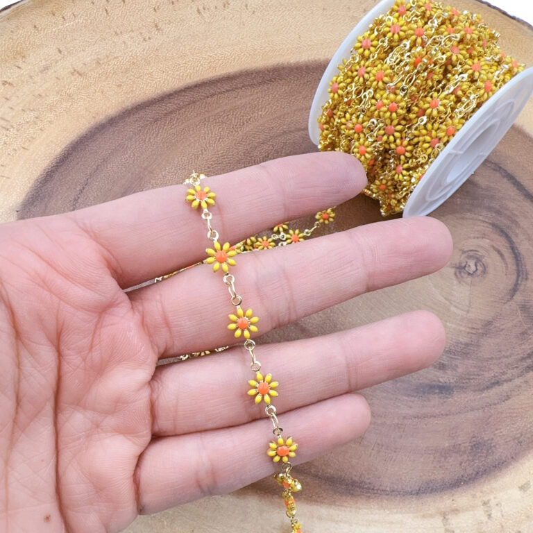 18K Gold Filled Enamel Daisy Flower Chain by Foot, Flower Link Chain by Yard for Necklace Bracelet Jewelry Making Supply, CH322C