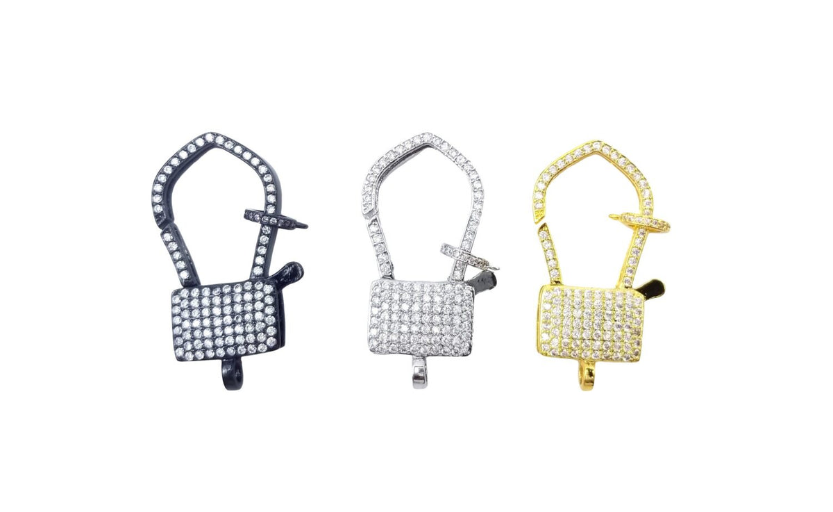 24K Gold Filled Pave Padlock Clasps, Plain lock Clasps, Padlock Hook, CZ Micro Pave Square Lock Lobster Claw Clasp, Cubic Zirconia Clasp, 40x20mm, CL234