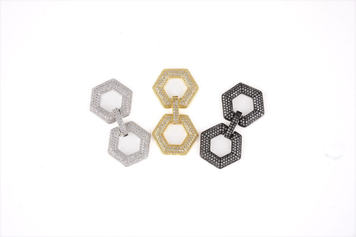 24K Gold Filled Large Clasp, Micro Pave CZ, Rhinestone Clasp, Copper Clasp, Double Pentagon Shaped, Crystal Pave, Micro Pave Charms, 43x23mm, CL283