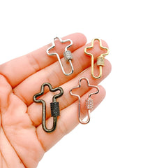 24K Gold Filled Cross Screw Clasp CZ Micro Pave, Cubic Zirconia Micro Pave Cross Shaped Unique Clasps, Connector Clasps, Buckle Clasp, 31x21mm, CL337