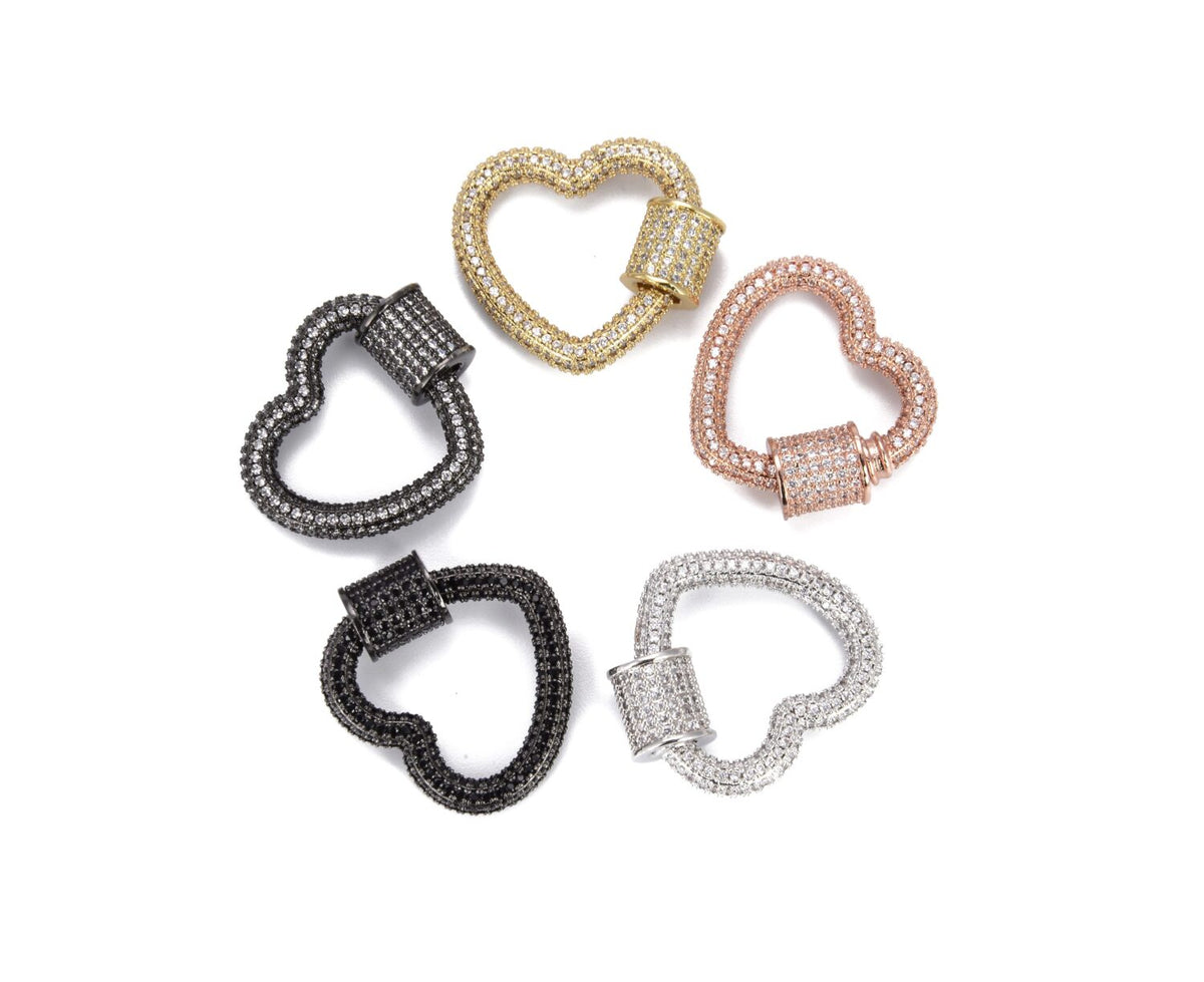 24K Gold Filled Heart Screw Clasp CZ Micro Pave, Interlocking Clasp Micro Pave Cubic Zirconia Heart Shaped Clasp, Unique Buckle Clasps, 25x22mm, CL340