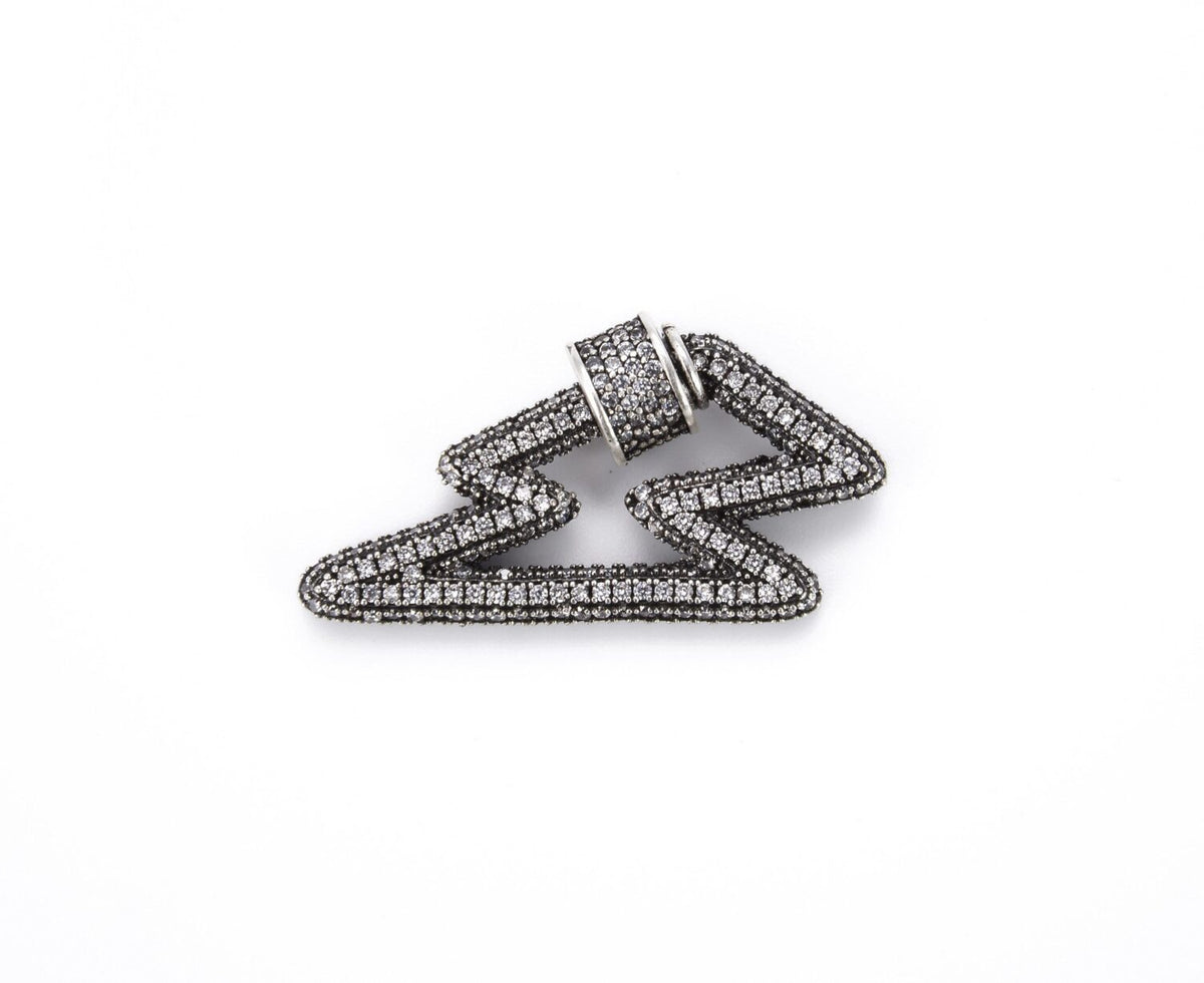 Antique Silver 3D Lightning Shape Screw Clasp CZ Micro Pave, Carabiner Lock, Cubic Zirconia Thunder Bolt Screw Clasp, 33x17mm, CL349