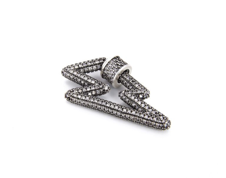 Antique Silver 3D Lightning Shape Screw Clasp CZ Micro Pave, Carabiner Lock, Cubic Zirconia Thunder Bolt Screw Clasp, 33x17mm, CL349