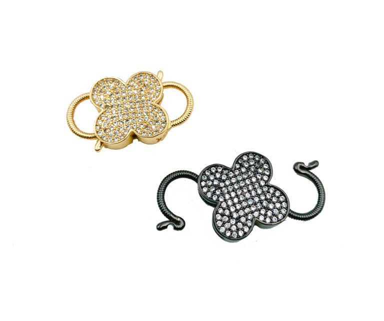 24K Gold Filled Four Leaf Clover CZ Micro Pave Interlocking Clasp, Double Lock Clasp, Carabiner Clasp, Clover Clasp, Cubic Zirconia, 27x16mm, CL390