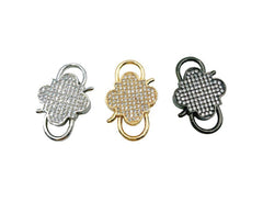 24K Gold Filled Four Leaf Clover CZ Micro Pave Interlocking Clasp, Double Lock Clasp, Carabiner Clasp, Clover Clasp, Cubic Zirconia, 26x17mm, CL391