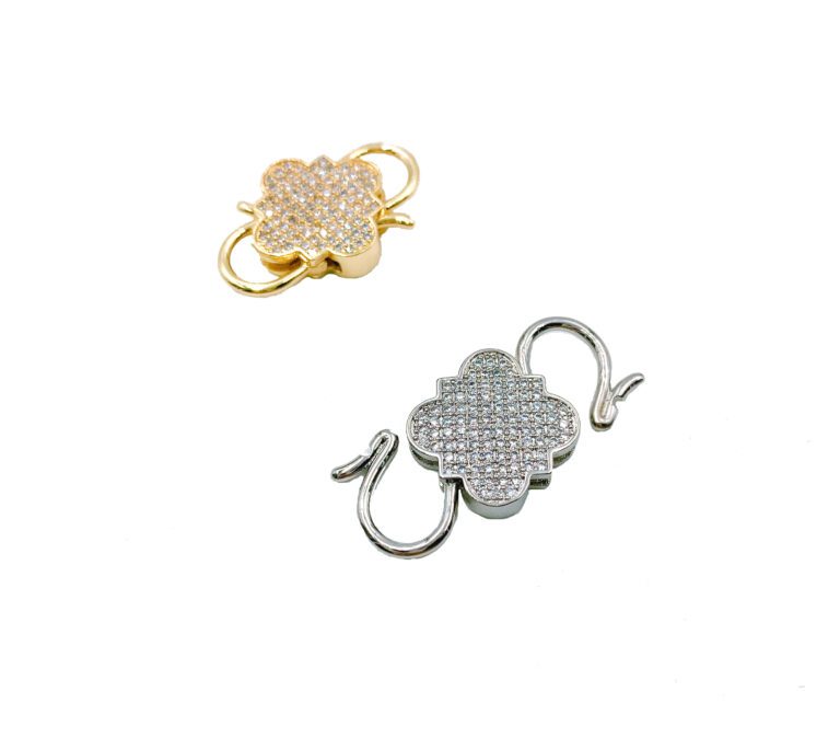 24K Gold Filled Four Leaf Clover CZ Micro Pave Interlocking Clasp, Double Lock Clasp, Carabiner Clasp, Clover Clasp, Cubic Zirconia, 26x17mm, CL391