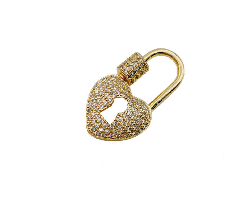 18K Gold Filled Heart Lock Shape CZ Micro Pave Clasp, Heart Lock Clasp, Carabiner Screw Clasp, Bracelet Clasp, Cubic Zirconia, 28x13mm, CL403