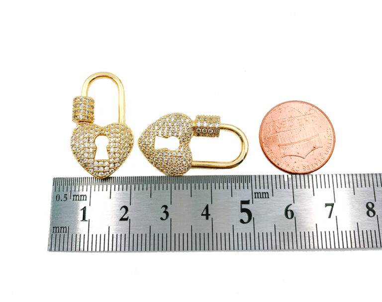 18K Gold Filled Heart Lock Shape CZ Micro Pave Clasp, Heart Lock Clasp, Carabiner Screw Clasp, Bracelet Clasp, Cubic Zirconia, 28x13mm, CL403