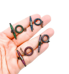 Colored Cubic Zirconia Rhinestone Micro Pave Toggle Clasp, Black Gunmetal Plated, Enhancer Clasp, Toggle Clasp, 1 Set Clasp, 26x14mm, CL420