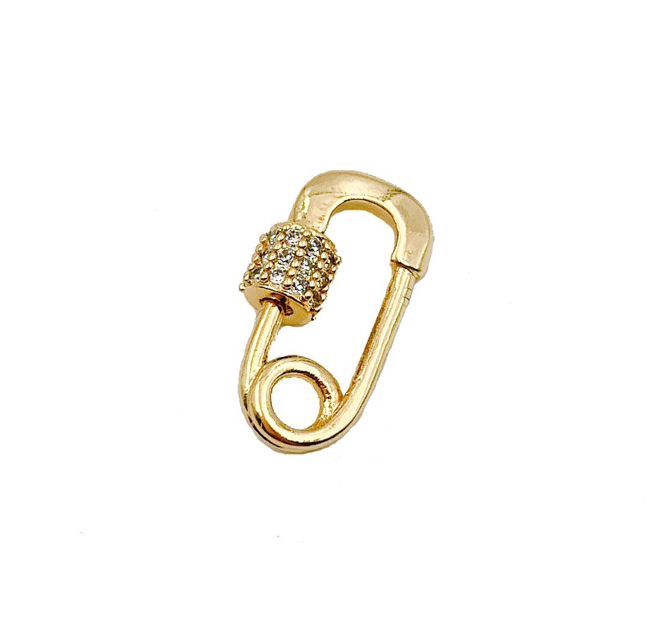 22K Gold Filled Mini Safety Pin CZ Micro Pave Carabiner Screw Clasp, Safety Pin with Screw Lock, Cubic Zirconia, 15x8mm, CL421