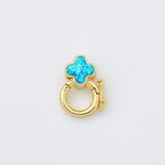 18K Gold Filled Opal Inlay Clover Clasp, Round Clasp Set with Clover Opal for Necklace Bracelet Finding, 11x14mm, CL559