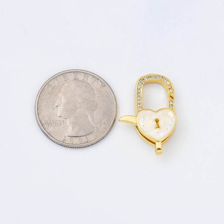 18K Gold Filled White Opal Heart Lock Clasp, Love Heart Shaped Lobster Claw Clasp for Necklace Bracelet Jewelry Making Supply, 16x25mm, CL600