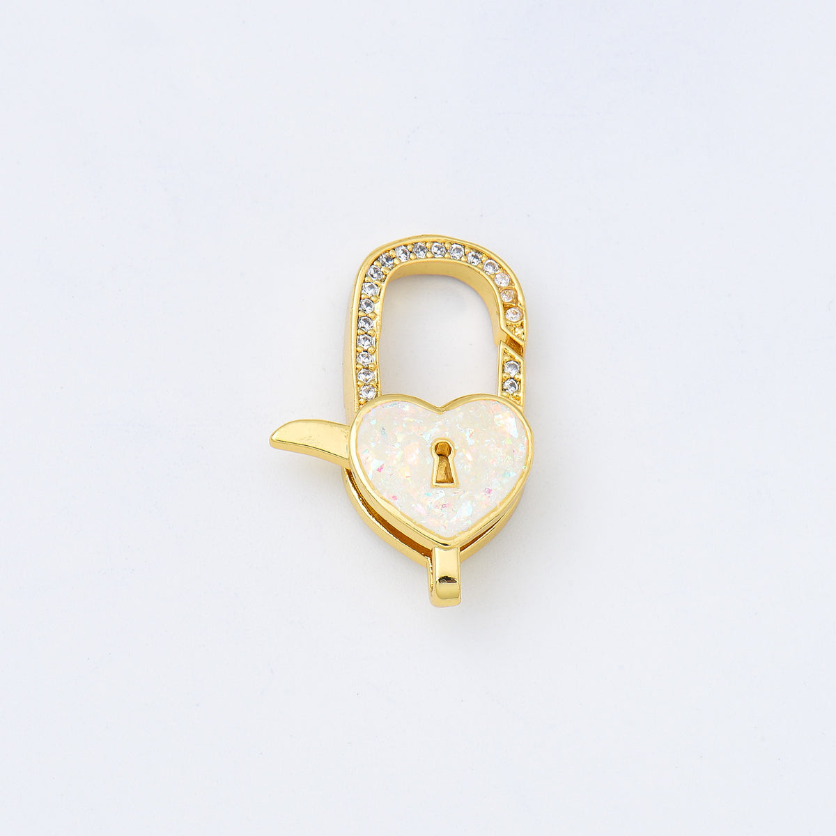 18K Gold Filled White Opal Heart Lock Clasp, Love Heart Shaped Lobster Claw Clasp for Necklace Bracelet Jewelry Making Supply, 16x25mm, CL600