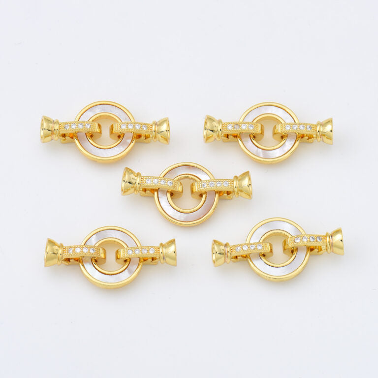 18K Gold Filled Round Buckle Clasp, Round Shell Pearl Clasp with 2 Clips, Interlocking Clasp for Necklace Bracelet Jewelry Making Supply, CL603