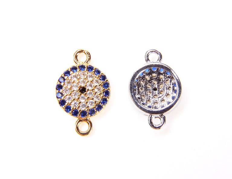 18K Gold Filled Coin EVIL Eye Connector Charm, CZ Micro Pave Blue CZ Evil Eye Connector, Gold Evil Eye Link, 1/10pcs, 14X9MM| CN057