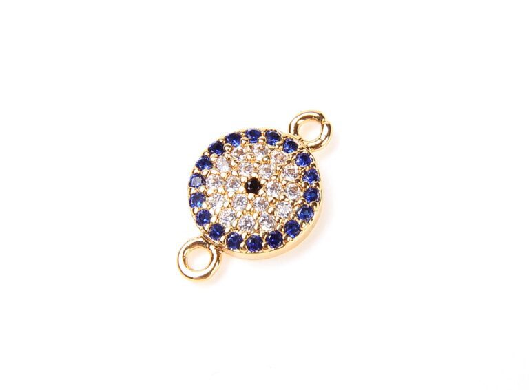 18K Gold Filled Coin EVIL Eye Connector Charm, CZ Micro Pave Blue CZ Evil Eye Connector, Gold Evil Eye Link, 1/10pcs, 14X9MM| CN057