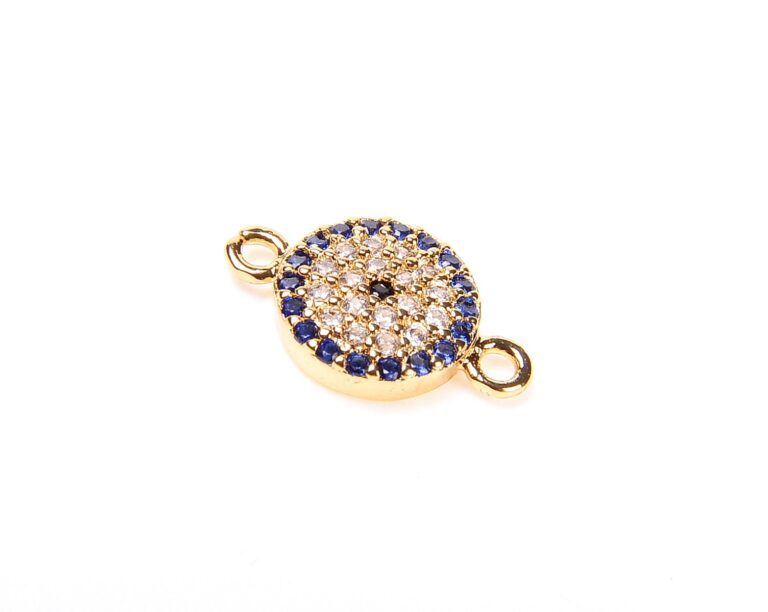 18K Gold Filled Coin EVIL Eye Connector Charm, CZ Micro Pave Blue CZ Evil Eye Connector, Gold Evil Eye Link, 1/10pcs, 14X9MM| CN057