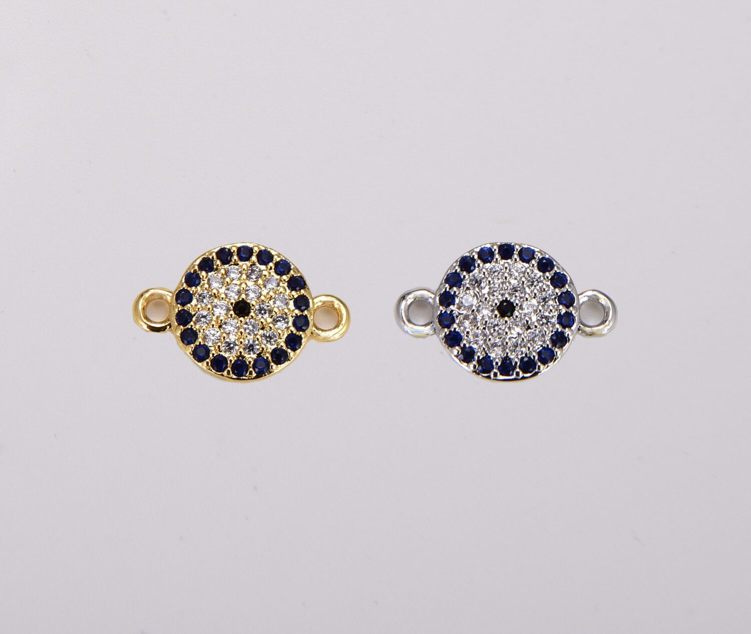 18K Gold Filled Coin EVIL Eye Connector Charm, CZ Micro Pave Blue CZ Evil Eye Connector, Gold Evil Eye Link, 1/10pcs, 14X9MM| CN057