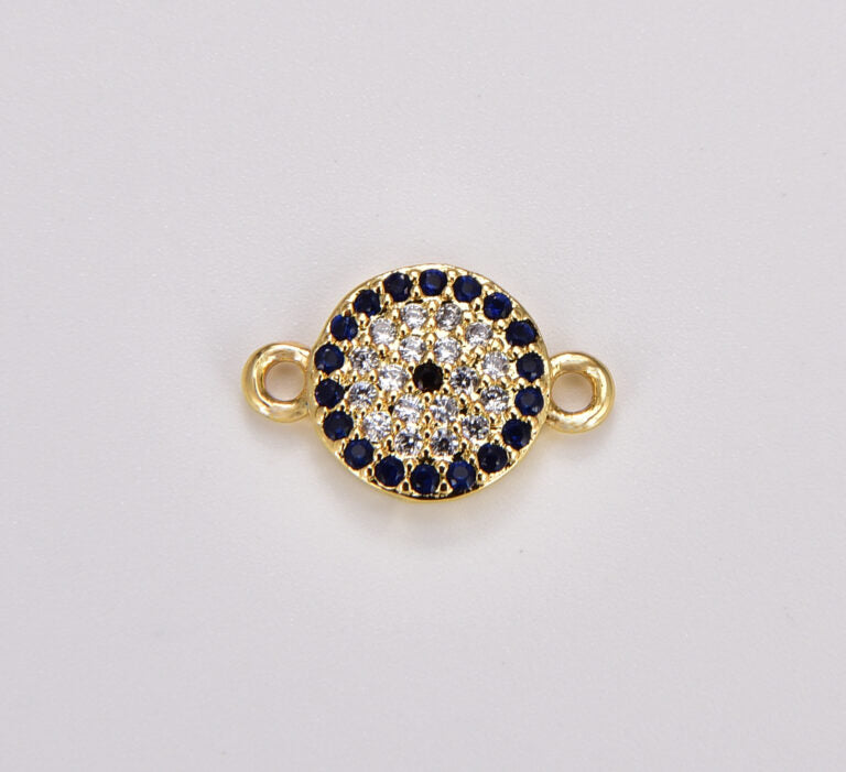 18K Gold Filled Coin EVIL Eye Connector Charm, CZ Micro Pave Blue CZ Evil Eye Connector, Gold Evil Eye Link, 1/10pcs, 14X9MM| CN057