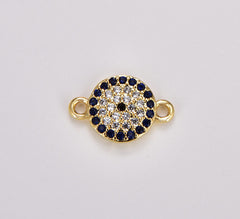 18K Gold Filled Coin EVIL Eye Connector Charm, CZ Micro Pave Blue CZ Evil Eye Connector, Gold Evil Eye Link, 1/10pcs, 14X9MM| CN057