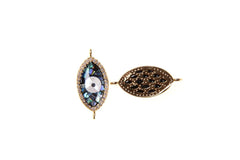 18K Gold Filled Abalone Evil Eye Connector, CZ Micro Pave Abalone Inlay Oval Connector, Abalone CZ Connector Link, 23x10mm, CN073