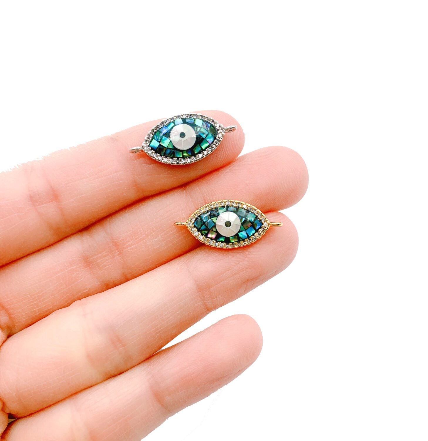 18K Gold Filled Abalone Evil Eye Connector, CZ Micro Pave Abalone Inlay Oval Connector, Abalone CZ Connector Link, 23x10mm, CN073