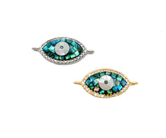 18K Gold Filled Abalone Evil Eye Connector, CZ Micro Pave Abalone Inlay Oval Connector, Abalone CZ Connector Link, 23x10mm, CN073