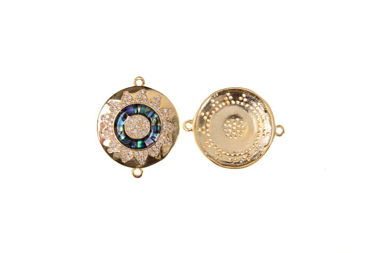 18K Gold Filled Round Abalone Shell Connector, Round Shape Charm Connector, Micro Pave CZ Round Connector for Bracelet Necklace Supply, CN076