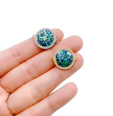 18K Gold Filled CZ Micro Pave Abalone Shell Inlay Evil Eye Round Connector, Abalone Evil Eye Connector, Eye Charm, DIY, 22x18mm, CN084