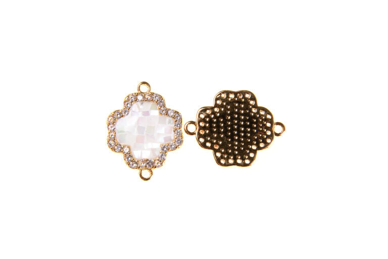 22K Gold Filled Clover Quatrefoil, CZ Micro Pave Abalone Shell Quatrefoil Connector, Micro Pave Connector, Jewelry Making, 20x15mm, CN086