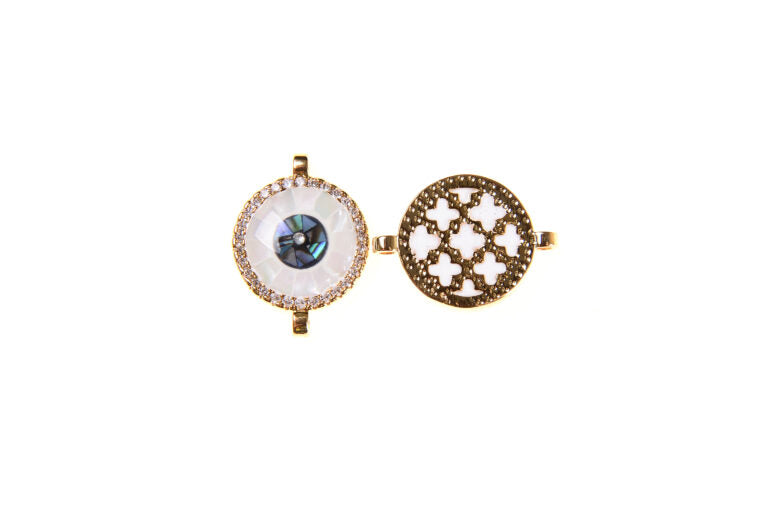 24K Gold Filled Abalone Evil Eye Connector, CZ Micro Pave Abalone Shell Inlay Evil Eye Round Connector, Eye Charm, DIY, 17x13mm, CN087