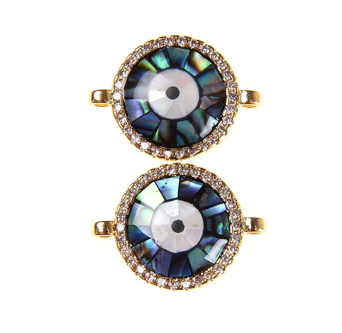 18K Gold Filled Abalone Evil Eye Connector, CZ Micro Pave Abalone Shell Inlay Evil Eye Round Connector, Eye Charm, DIY, 17x13mm, CN088