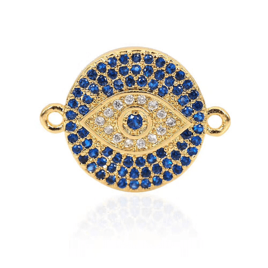 14K Gold Filled Blue CZ Evil Eye Connector, Micro Pave CZ Sapphire Blue CZ Evil Eye Link, 1/2pcs,19x14mm| CN099