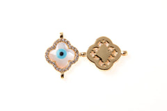 18K Gold Filled Dainty Clover Evil Eye Connector, CZ Micro Pave Evil Eye Charm, Mother of Pearl Evil Eye Charm, 18x13mm, CN107