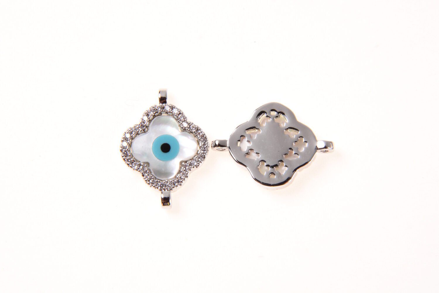 18K Gold Filled Dainty Clover Evil Eye Connector, CZ Micro Pave Evil Eye Charm, Mother of Pearl Evil Eye Charm, 18x13mm, CN107