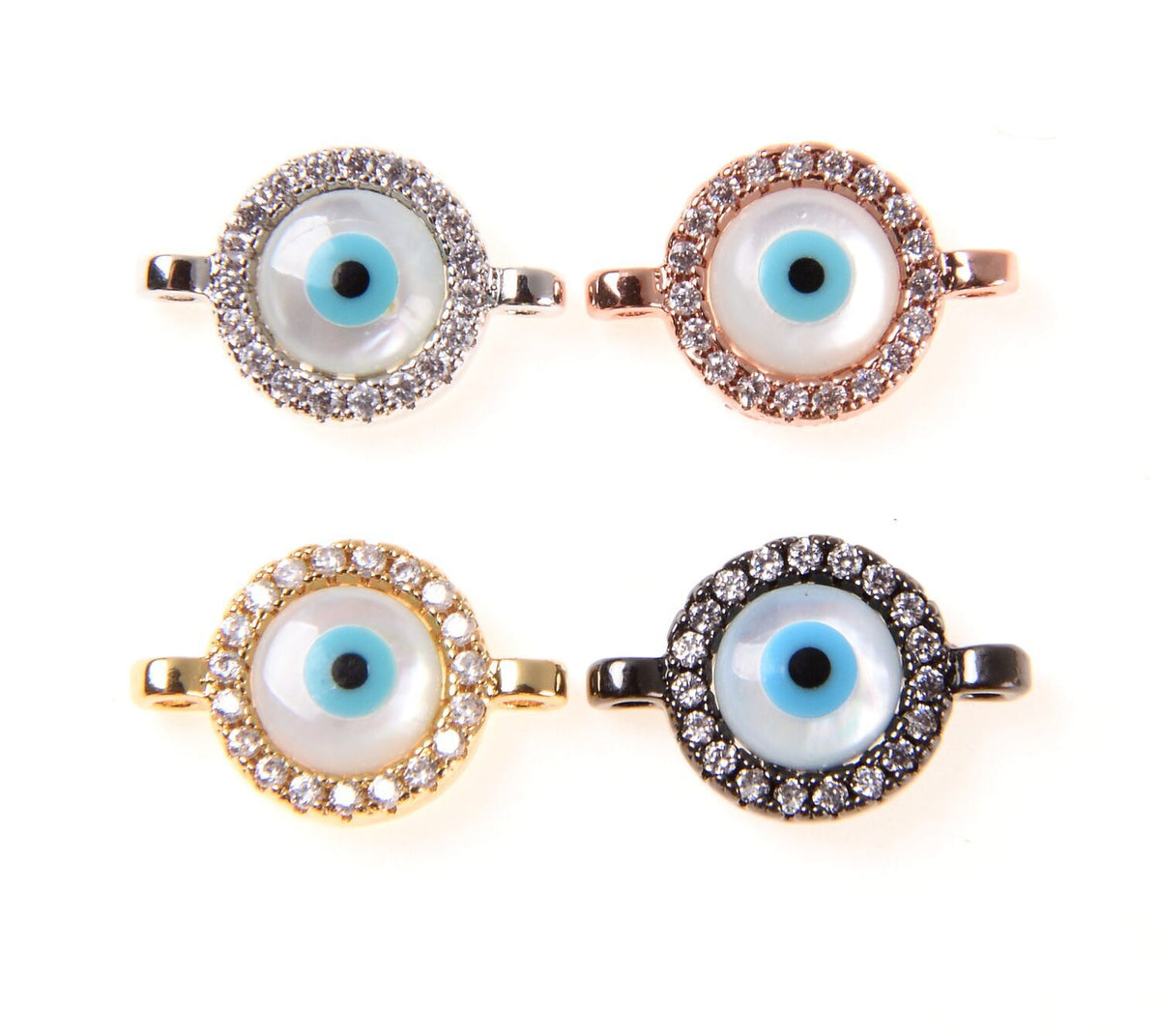 22K Gold Filled Evil Eye Connector – Micro Pave CZ Evil Eye Connector Charm, CZ Connector Pendant, Mother Of Pearl Evil Eye Jewelry, 16x12mm, CN108