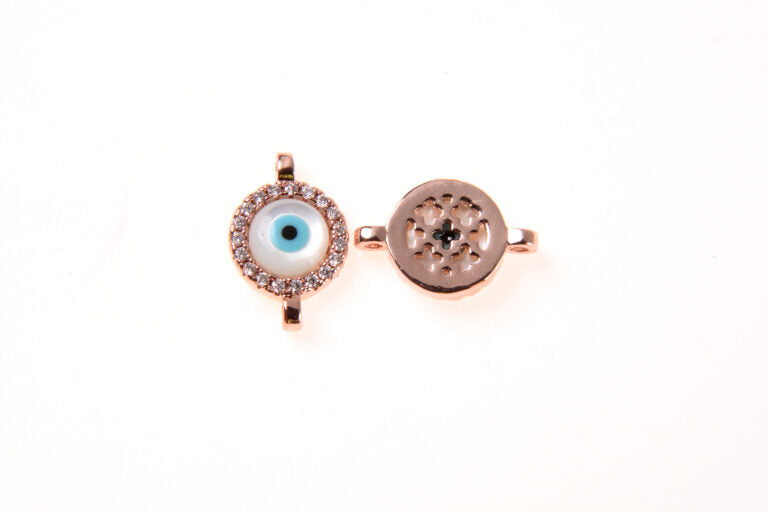 22K Gold Filled Evil Eye Connector – Micro Pave CZ Evil Eye Connector Charm, CZ Connector Pendant, Mother Of Pearl Evil Eye Jewelry, 16x12mm, CN108