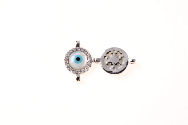 22K Gold Filled Evil Eye Connector – Micro Pave CZ Evil Eye Connector Charm, CZ Connector Pendant, Mother Of Pearl Evil Eye Jewelry, 16x12mm, CN108