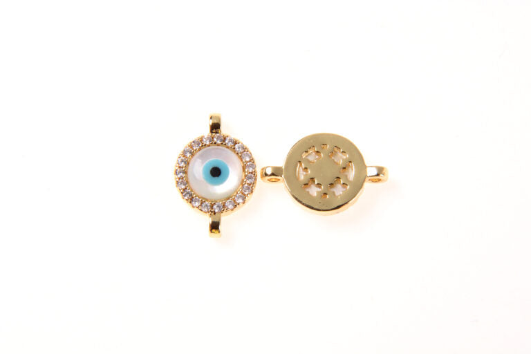 22K Gold Filled Evil Eye Connector – Micro Pave CZ Evil Eye Connector Charm, CZ Connector Pendant, Mother Of Pearl Evil Eye Jewelry, 16x12mm, CN108