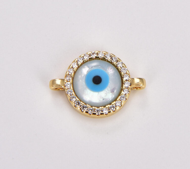 22K Gold Filled Evil Eye Connector – Micro Pave CZ Evil Eye Connector Charm, CZ Connector Pendant, Mother Of Pearl Evil Eye Jewelry, 16x12mm, CN108