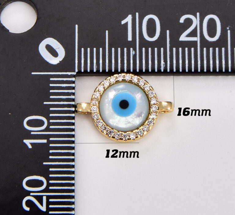 22K Gold Filled Evil Eye Connector – Micro Pave CZ Evil Eye Connector Charm, CZ Connector Pendant, Mother Of Pearl Evil Eye Jewelry, 16x12mm, CN108