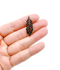 Black Feather Charm Bracelet CZ Connector, Cubic Zirconia Pave, Feather Connector, CZ Pave bead, Micro Pave Pendant, 29x9mm, CN145