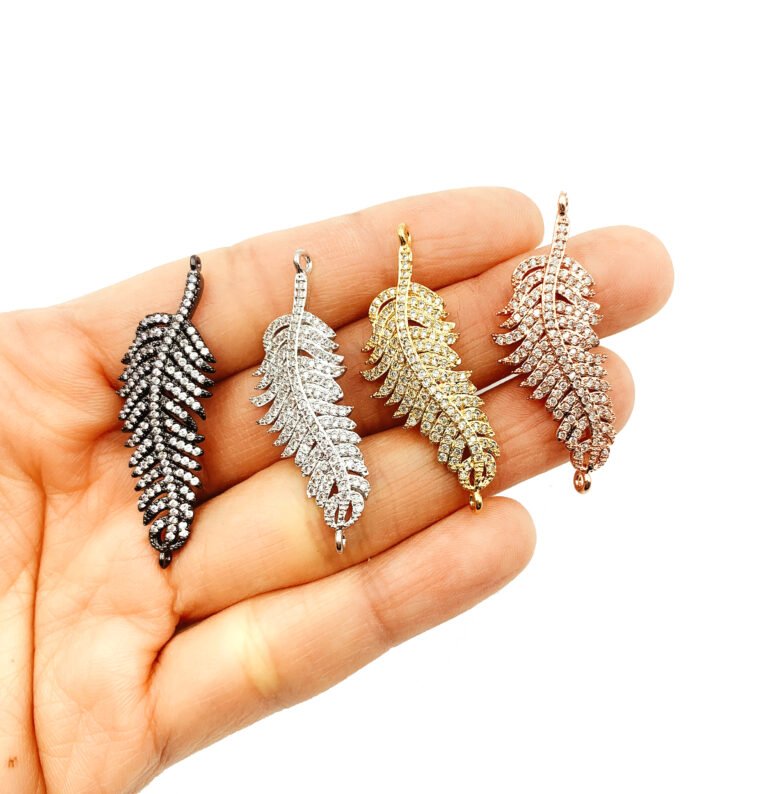 14K Gold Filled FEATHER/ Leaf connector charm, CZ Micro Pave Feather Link Connector Charms, Feather Jewelry, 45x15mm| CN146