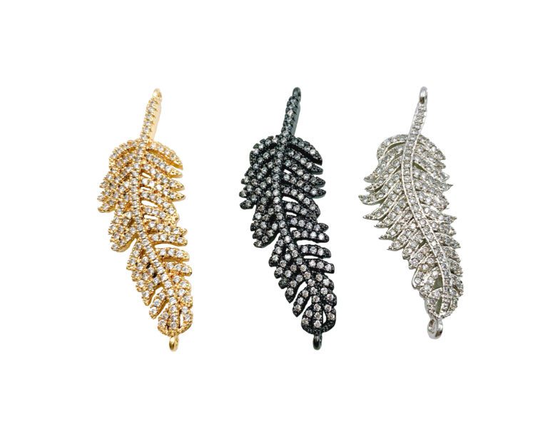 14K Gold Filled FEATHER/ Leaf connector charm, CZ Micro Pave Feather Link Connector Charms, Feather Jewelry, 45x15mm| CN146