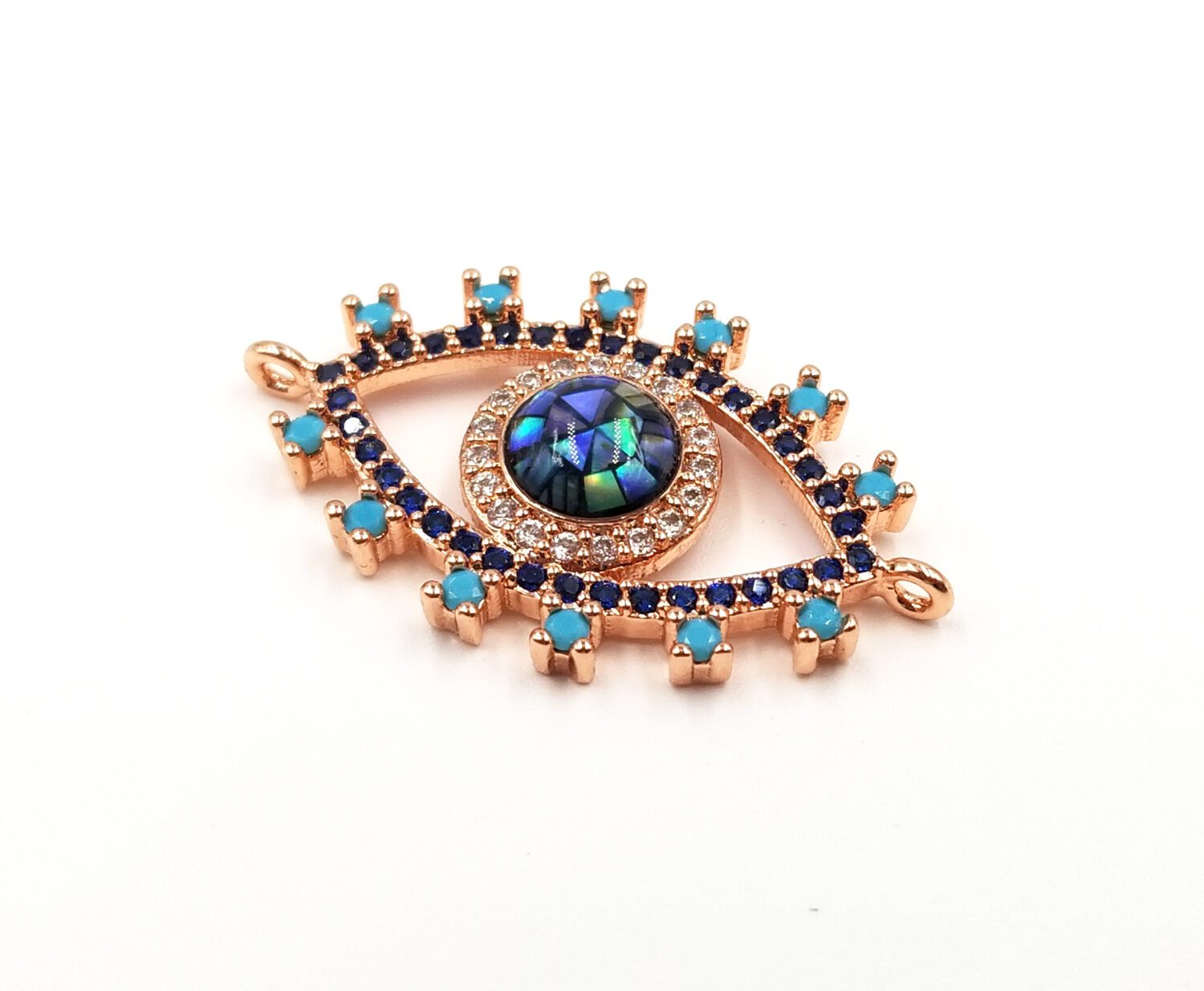 18K Gold Filled Blue Evil Eye Connector, Evil Eye Charm, Gold Evil Eye, Evil Eye Necklace, Greek Evil Eye, Pave Evil Eye, 30x17mm, CN181