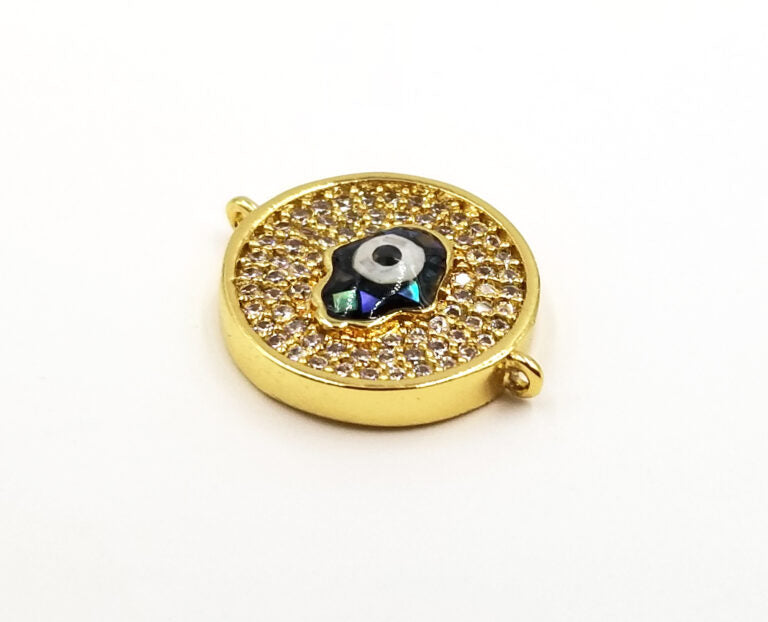 18K Gold Filled Evil Eye Connector, Evil Eye Charm, Gold Evil Eye, Evil Eye Necklace, Greek Evil Eye, Pave Evil Eye, 16x13mm, CN182