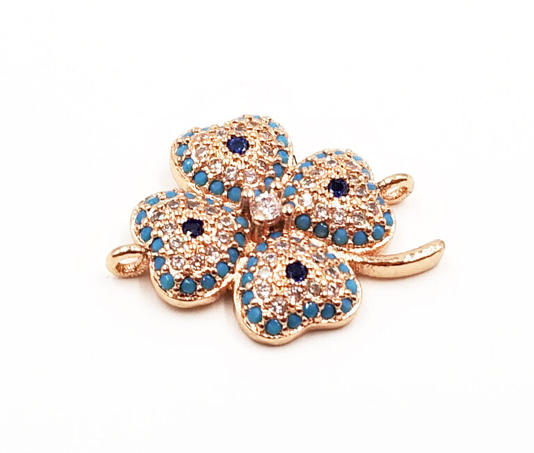 18K Gold Filled Turquoise CZ Clover Connector, Micro Pave Connector, CZ Micro Pave Quatrefoil Clover Charm, Clover Pendant, Quatrefoil, 19x14mm, CN191