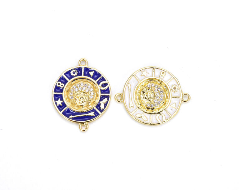 14K Gold Filled Round Enamel Disc Connector, Round Pave Connector Charm, Pave Findings, Rhinestone Connector, Enamel Charms, 23x18mm, CN198