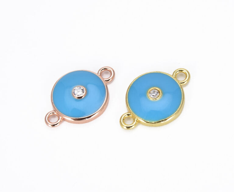 14K Gold Filled Turquoise Blue Enamel Evil Eye Connector, Round Enamel Evil Eye Charm, Evil Eye Necklace, Cubic Zirconia, 18x12mm, CN207